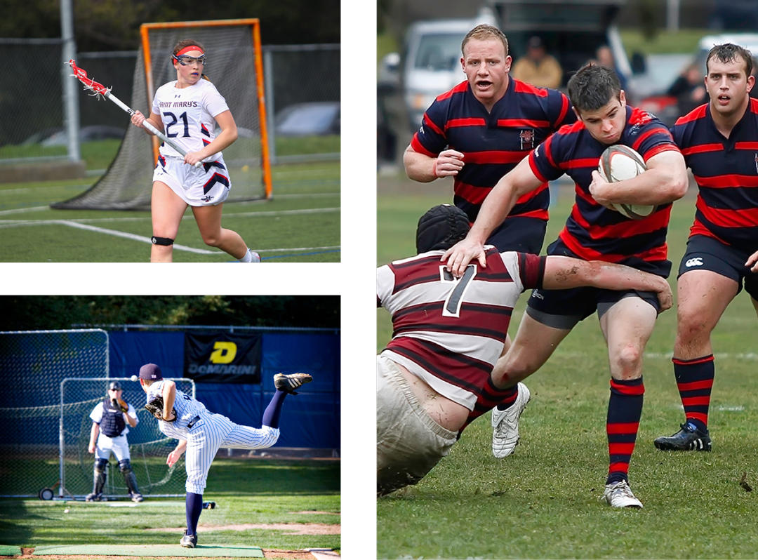 Saint mary's college students playing lacross, baseball, and rugby.