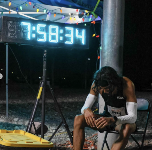 Rajpaul Pannu slumps in a chair, exhausted after finishing a 100-mile road race.