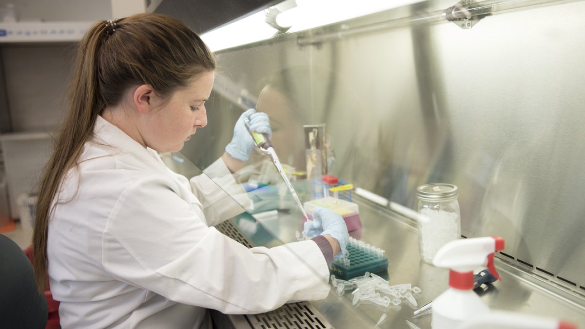 A female student wearing a lab coat is doing a science experiment  