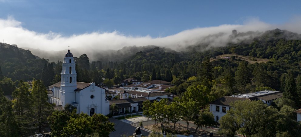 Aerial shot of the SMC campus with fog